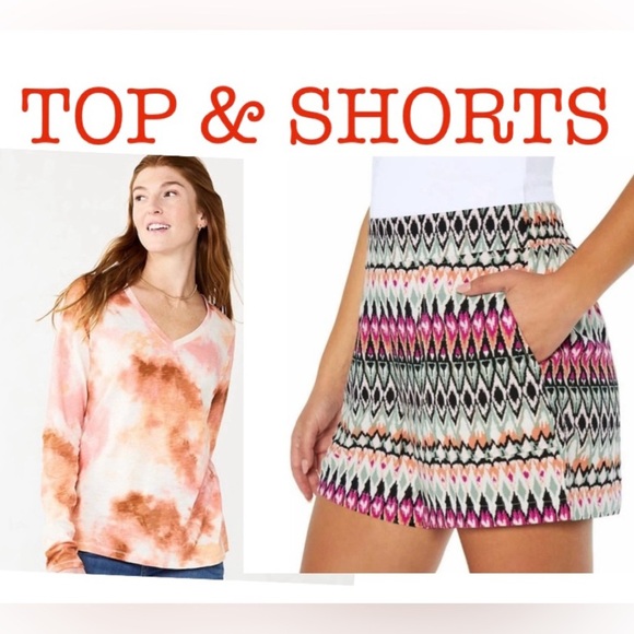SONOMA GOODS FOR LIFE V NECK LS TEE PINK TIE DYE P LARGE & WIldfox Shorts Sz L - Picture 1 of 8